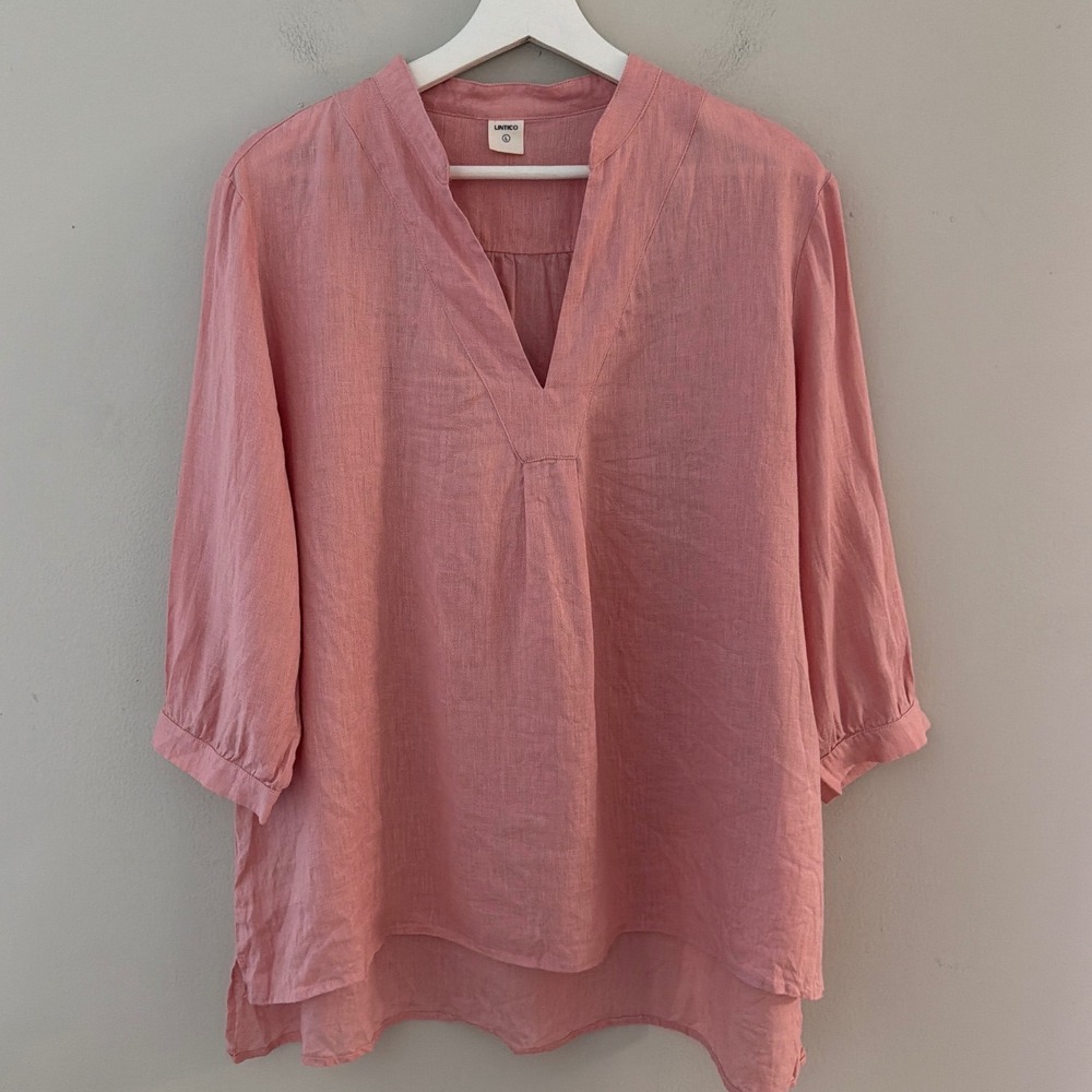Lintico Womens 100% Linen V-Neck Tunic Top Dusty Rose Pink 3/4 Sleeve Large